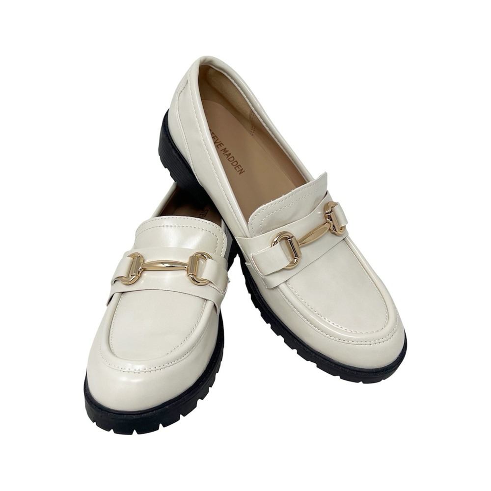 Steve Madden Jathina Loafers Bone Cream Gold Horsebit Girls Size 4.5